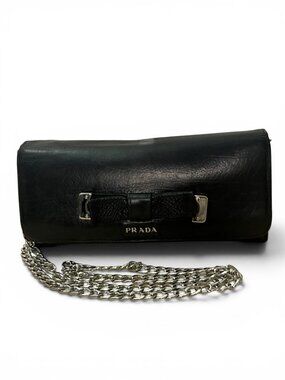 Prada Black Leather Bow Chain Wallet with Crossbody Chain COA incld